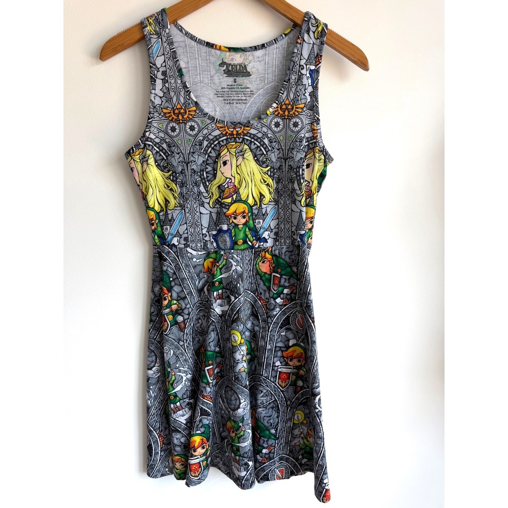 Nintendo Zelda Wind Waker Stained Glass Skater Dress Grey Poly Spandex Gamer S